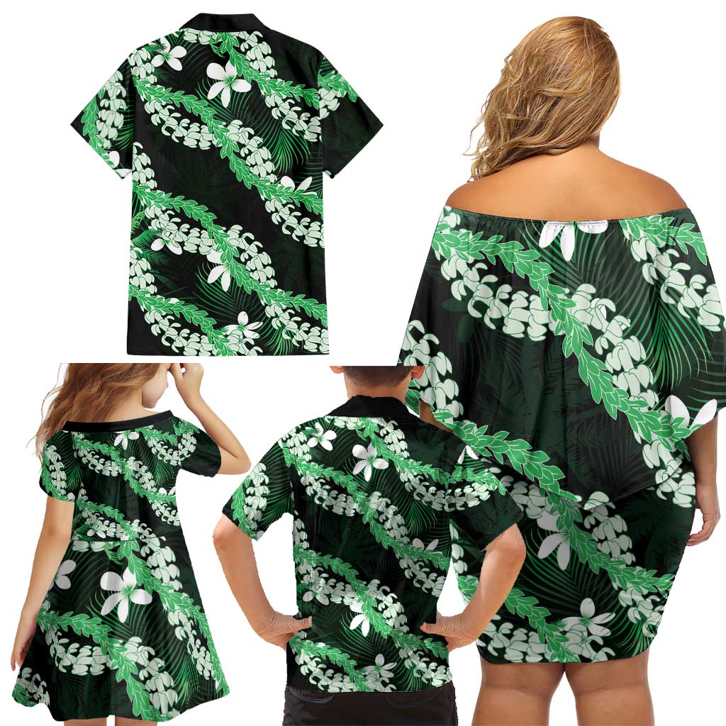 Puakenikeni Maile Lei Family Matching Off Shoulder Short Dress and Hawaiian Shirt Frangipani Green Tropical Leaves