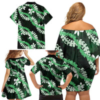 Puakenikeni Maile Lei Family Matching Off Shoulder Short Dress and Hawaiian Shirt Frangipani Green Tropical Leaves