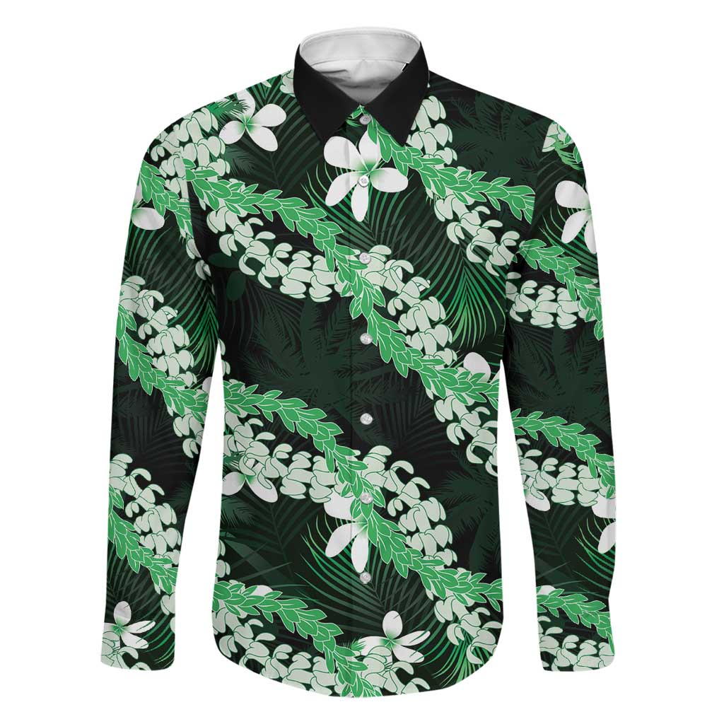 Puakenikeni Maile Lei Family Matching Off Shoulder Short Dress and Hawaiian Shirt Frangipani Green Tropical Leaves