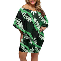 Puakenikeni Maile Lei Family Matching Off Shoulder Short Dress and Hawaiian Shirt Frangipani Green Tropical Leaves