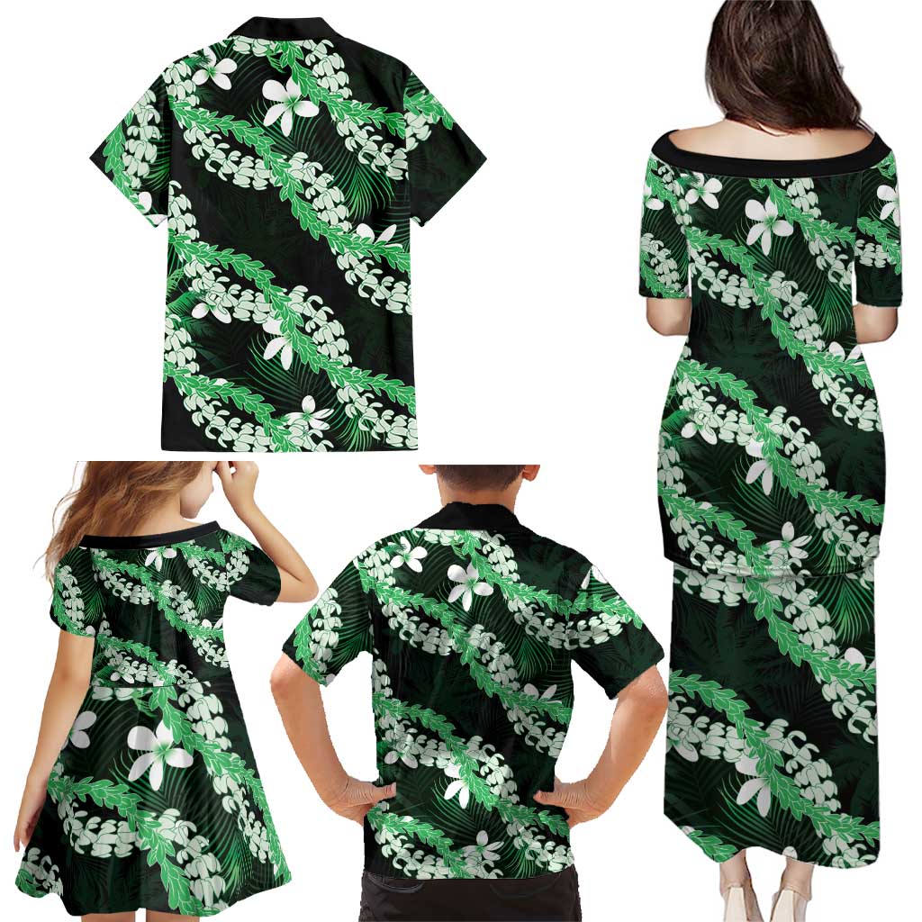Puakenikeni Maile Lei Family Matching Puletasi and Hawaiian Shirt Frangipani Green Tropical Leaves