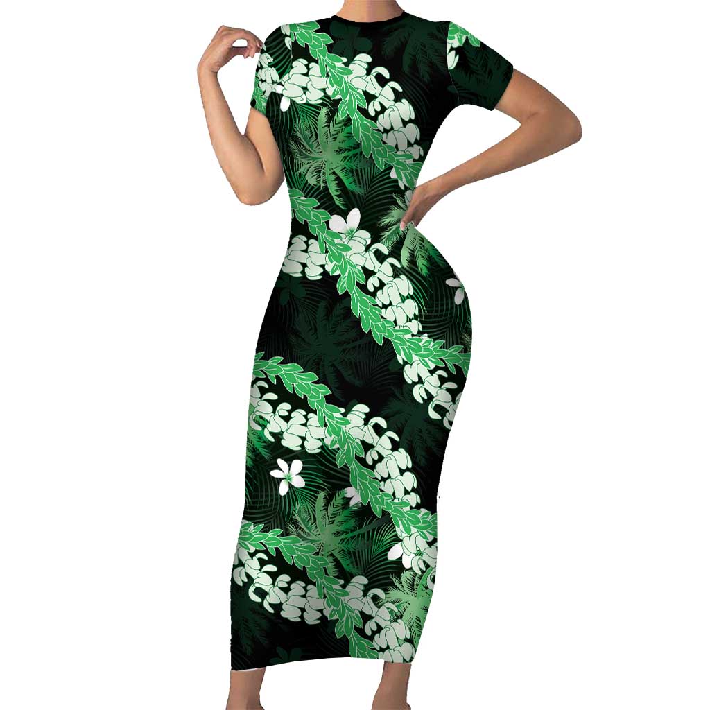 Puakenikeni Maile Lei Family Matching Short Sleeve Bodycon Dress and Hawaiian Shirt Frangipani Green Tropical Leaves