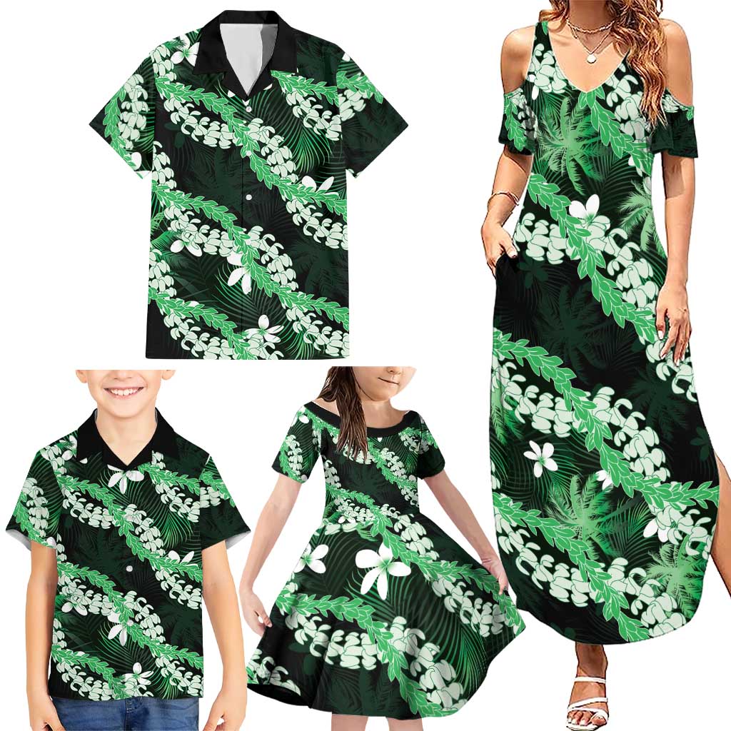 Puakenikeni Maile Lei Family Matching Summer Maxi Dress and Hawaiian Shirt Frangipani Green Tropical Leaves