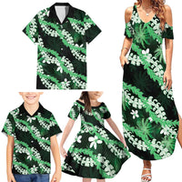 Puakenikeni Maile Lei Family Matching Summer Maxi Dress and Hawaiian Shirt Frangipani Green Tropical Leaves