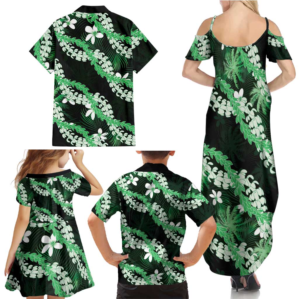 Puakenikeni Maile Lei Family Matching Summer Maxi Dress and Hawaiian Shirt Frangipani Green Tropical Leaves