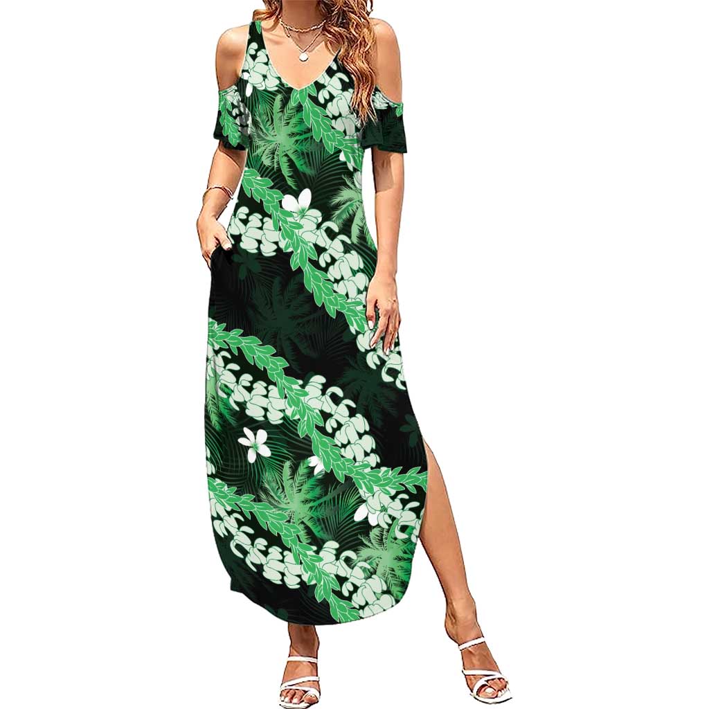 Puakenikeni Maile Lei Family Matching Summer Maxi Dress and Hawaiian Shirt Frangipani Green Tropical Leaves