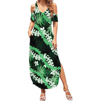 Puakenikeni Maile Lei Family Matching Summer Maxi Dress and Hawaiian Shirt Frangipani Green Tropical Leaves