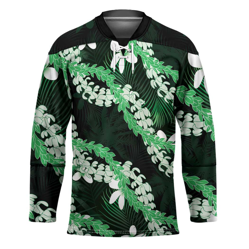 Puakenikeni Maile Lei Hockey Jersey Frangipani Green Tropical Leaves LT01 Unisex Green - Polynesian Pride