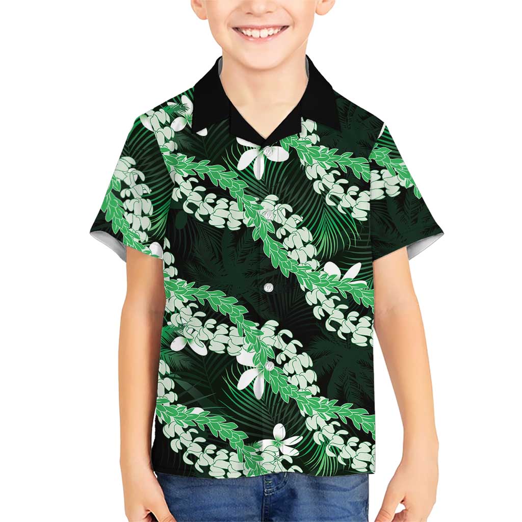 Puakenikeni Maile Lei Kid Hawaiian Shirt Frangipani Green Tropical Leaves