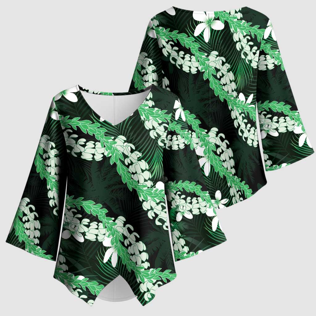 Puakenikeni Maile Lei Kimono Sleeve Blouse Frangipani Green Tropical Leaves LT01 - Polynesian Pride