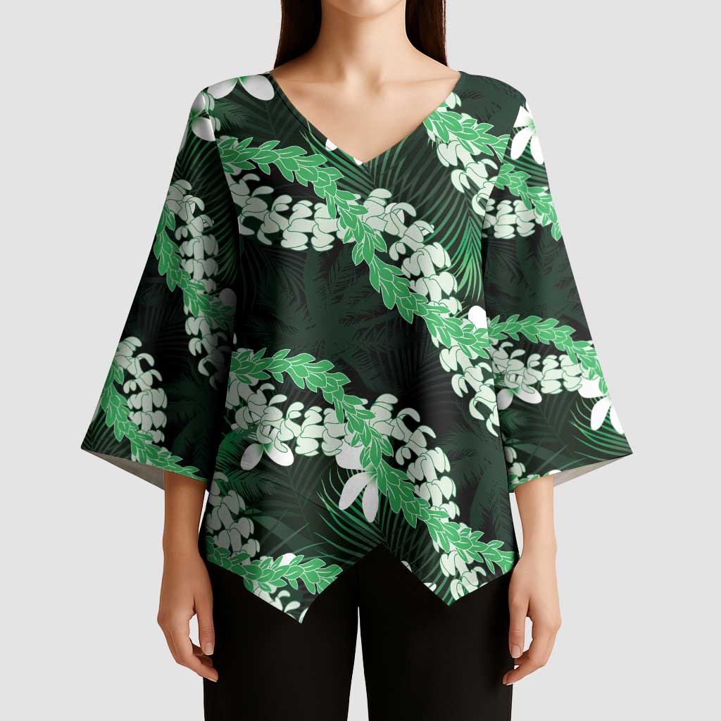 Puakenikeni Maile Lei Kimono Sleeve Blouse Frangipani Green Tropical Leaves LT01 - Polynesian Pride