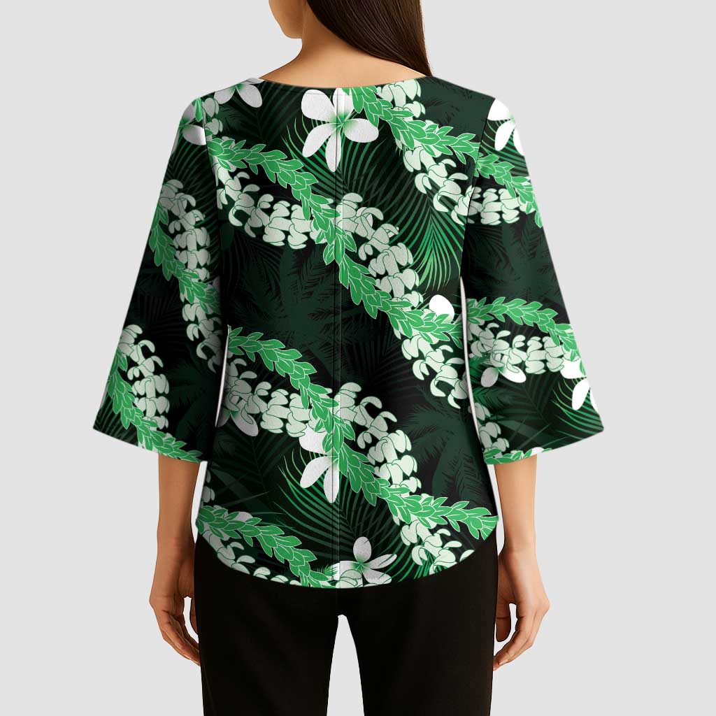 Puakenikeni Maile Lei Kimono Sleeve Blouse Frangipani Green Tropical Leaves LT01 - Polynesian Pride