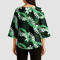 Puakenikeni Maile Lei Kimono Sleeve Blouse Frangipani Green Tropical Leaves LT01 - Polynesian Pride