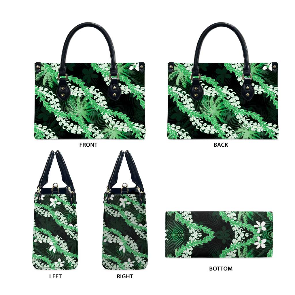 Puakenikeni Maile Lei Leather Bag Frangipani Green Tropical Leaves LT01 - Polynesian Pride