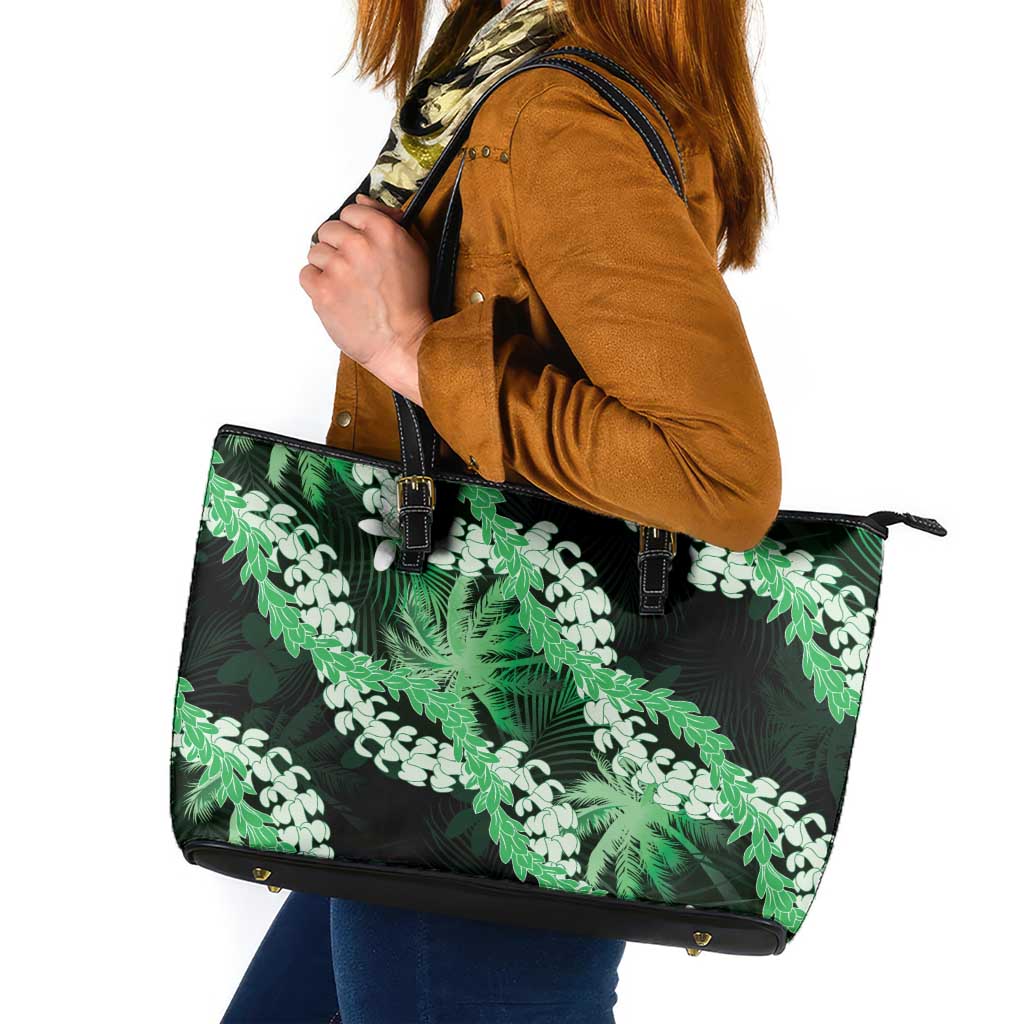 Puakenikeni Maile Lei Leather Tote Bag Frangipani Green Tropical Leaves LT01 Green - Polynesian Pride