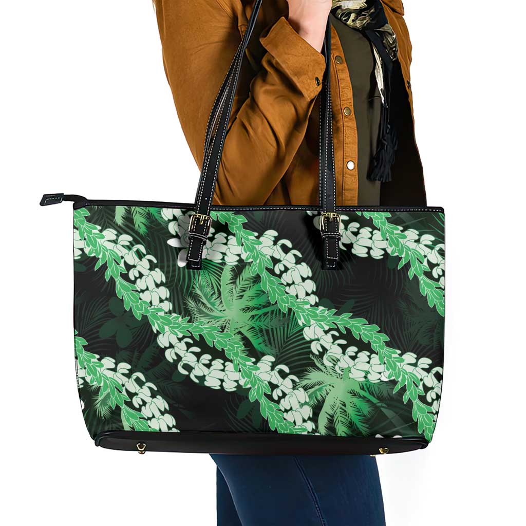 Puakenikeni Maile Lei Leather Tote Bag Frangipani Green Tropical Leaves LT01 - Polynesian Pride