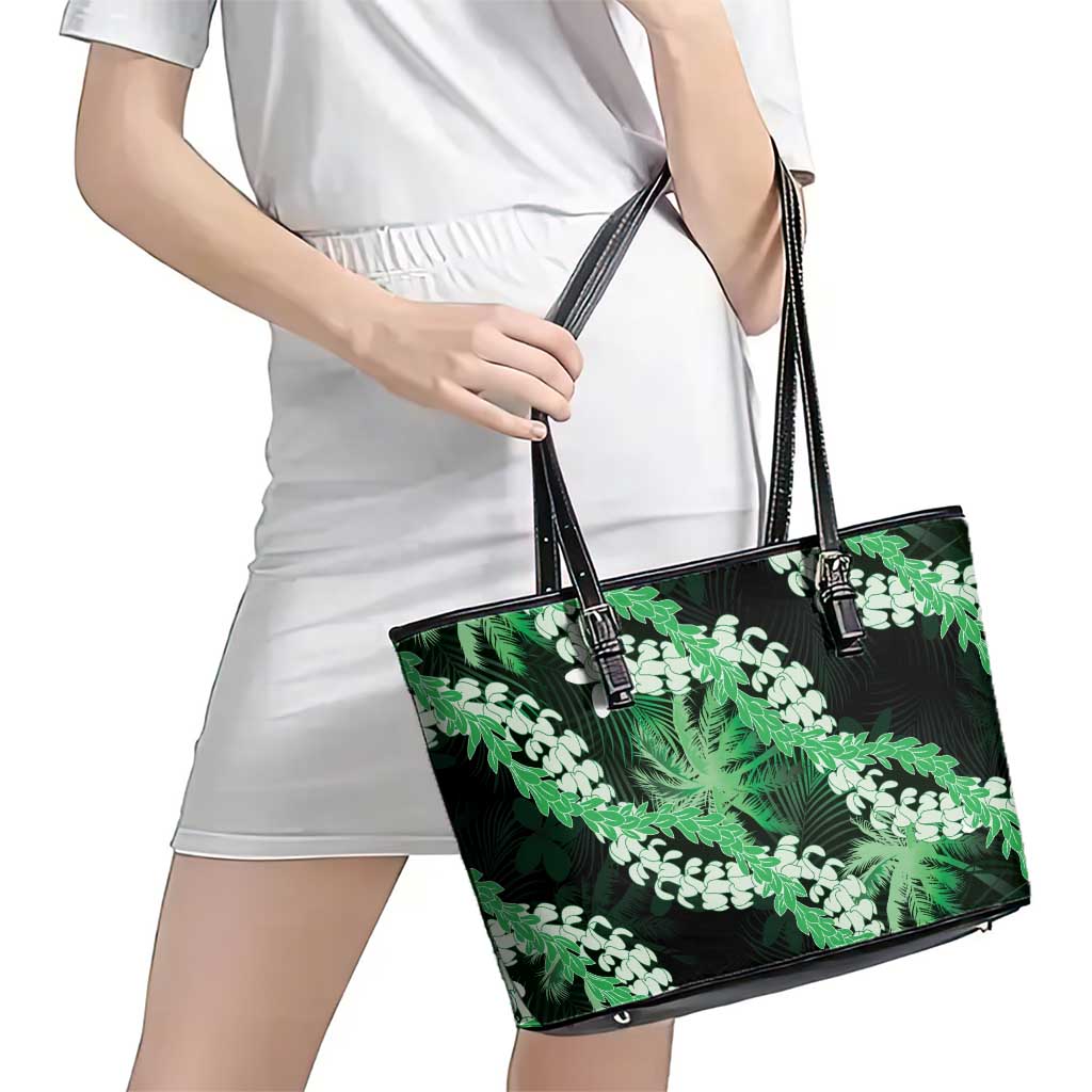 Puakenikeni Maile Lei Leather Tote Bag Frangipani Green Tropical Leaves LT01 - Polynesian Pride