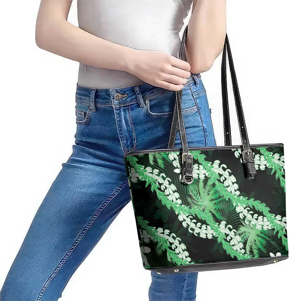 Puakenikeni Maile Lei Leather Tote Bag Frangipani Green Tropical Leaves LT01 - Polynesian Pride