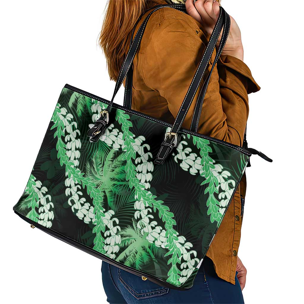 Puakenikeni Maile Lei Leather Tote Bag Frangipani Green Tropical Leaves LT01 - Polynesian Pride