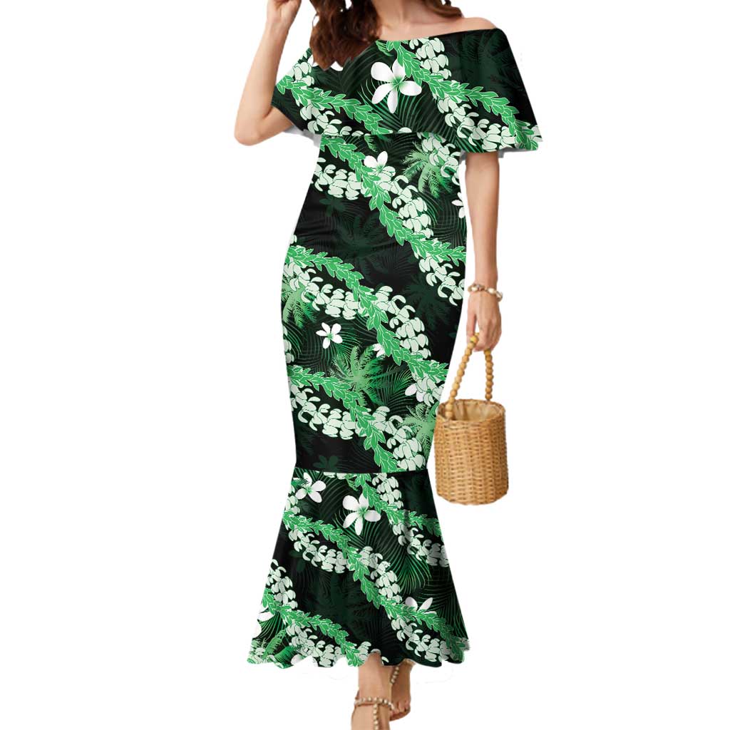 Puakenikeni Maile Lei Mermaid Dress Frangipani Green Tropical Leaves
