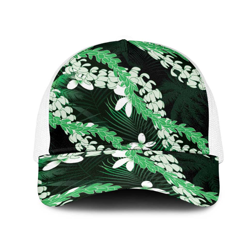 Puakenikeni Maile Lei Mesh Trucker Cap Frangipani Green Tropical Leaves
