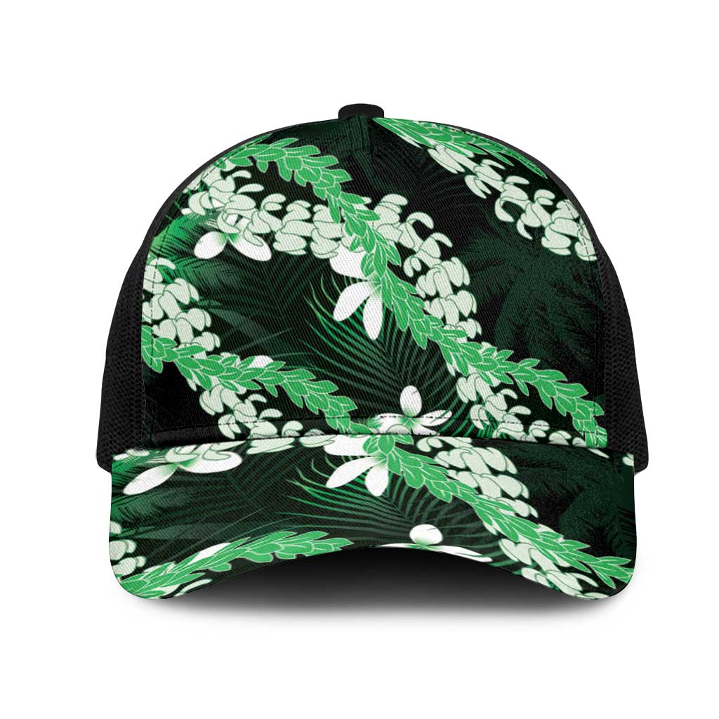 Puakenikeni Maile Lei Mesh Trucker Cap Frangipani Green Tropical Leaves LT01 One Size Black Green - Polynesian Pride