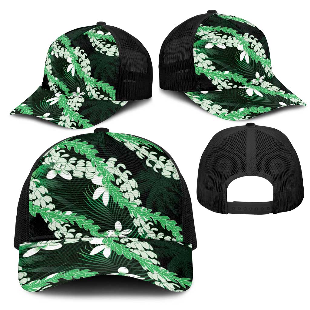 Puakenikeni Maile Lei Mesh Trucker Cap Frangipani Green Tropical Leaves LT01 - Polynesian Pride