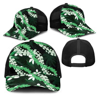 Puakenikeni Maile Lei Mesh Trucker Cap Frangipani Green Tropical Leaves LT01 - Polynesian Pride
