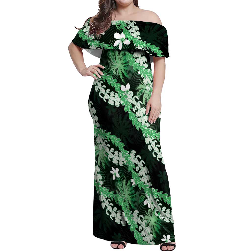Puakenikeni Maile Lei Off Shoulder Maxi Dress Frangipani Green Tropical Leaves