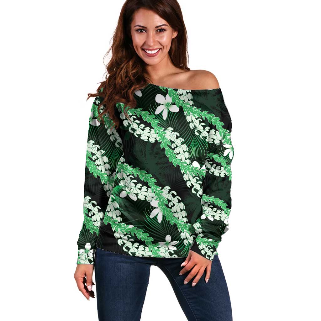Puakenikeni Maile Lei Off Shoulder Sweater Frangipani Green Tropical Leaves LT01 Women Green - Polynesian Pride