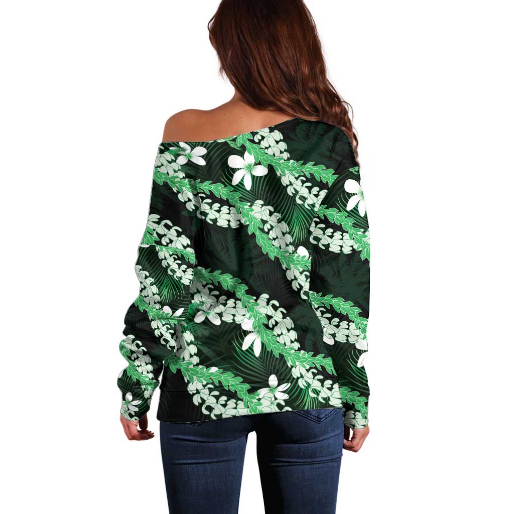 Puakenikeni Maile Lei Off Shoulder Sweater Frangipani Green Tropical Leaves LT01 - Polynesian Pride