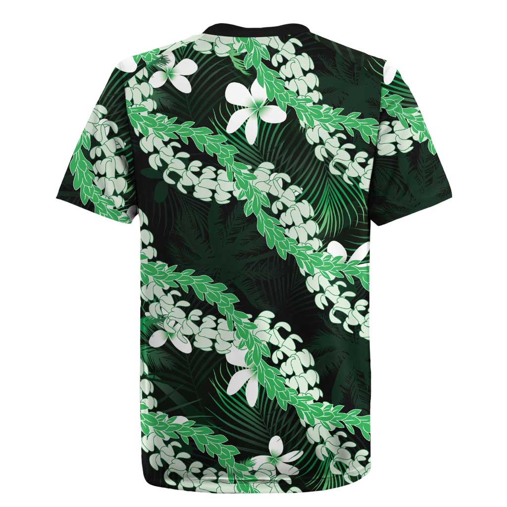 Puakenikeni Maile Lei Rugby Jersey Frangipani Green Tropical Leaves
