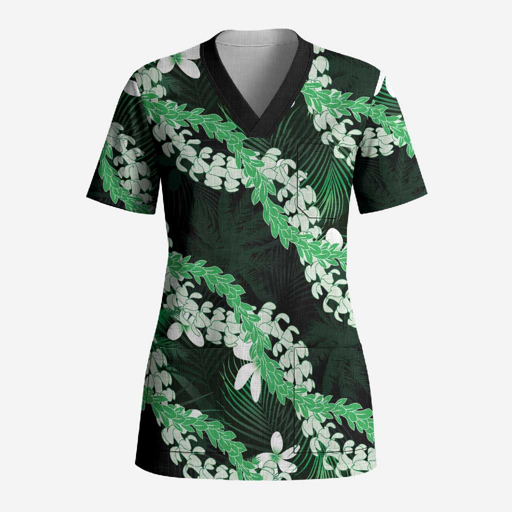 Puakenikeni Maile Lei Scrub Top Frangipani Green Tropical Leaves LT01 Adult Green - Polynesian Pride