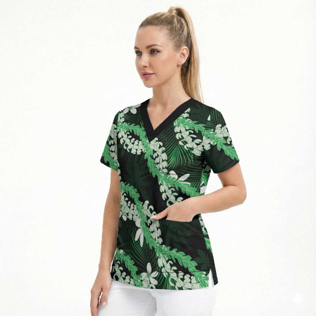 Puakenikeni Maile Lei Scrub Top Frangipani Green Tropical Leaves LT01 - Polynesian Pride