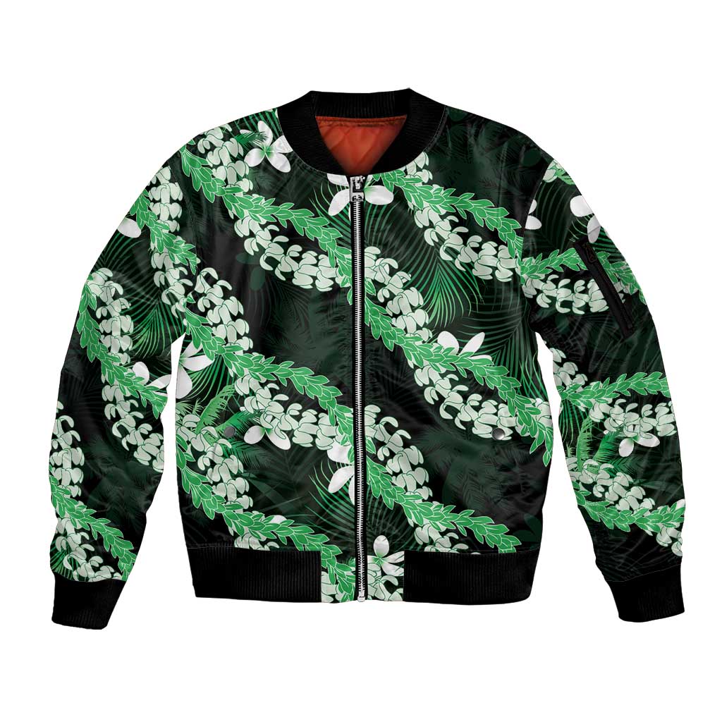 Puakenikeni Maile Lei Sleeve Zip Bomber Jacket Frangipani Green Tropical Leaves