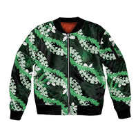 Puakenikeni Maile Lei Sleeve Zip Bomber Jacket Frangipani Green Tropical Leaves