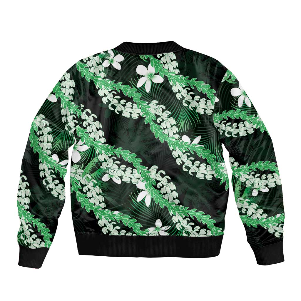 Puakenikeni Maile Lei Sleeve Zip Bomber Jacket Frangipani Green Tropical Leaves