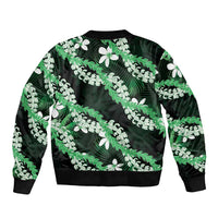 Puakenikeni Maile Lei Sleeve Zip Bomber Jacket Frangipani Green Tropical Leaves