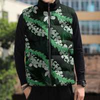 Puakenikeni Maile Lei Sleeveless Puffer Jacket Frangipani Green Tropical Leaves LT01 - Polynesian Pride