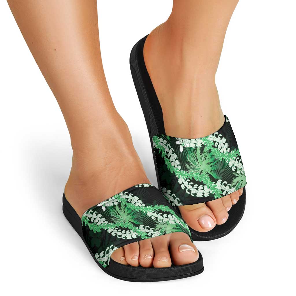 Puakenikeni Maile Lei Slide Sandals Frangipani Green Tropical Leaves LT01 - Polynesian Pride