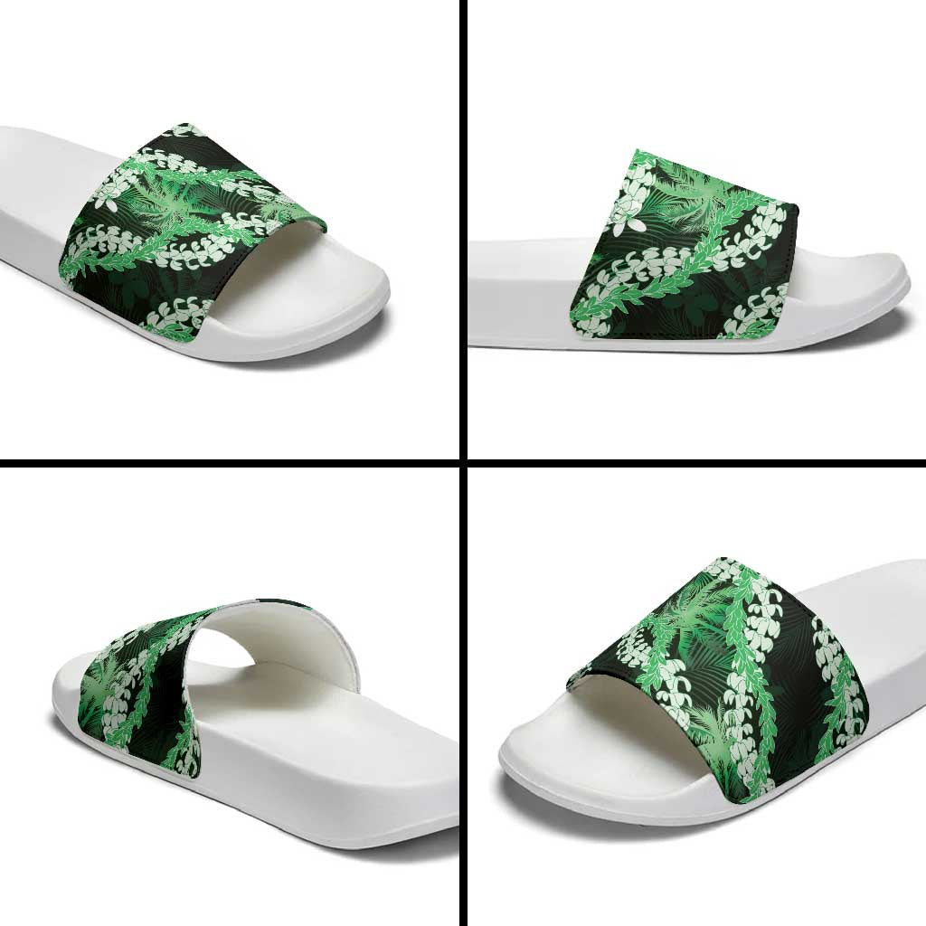 Puakenikeni Maile Lei Slide Sandals Frangipani Green Tropical Leaves LT01 - Polynesian Pride