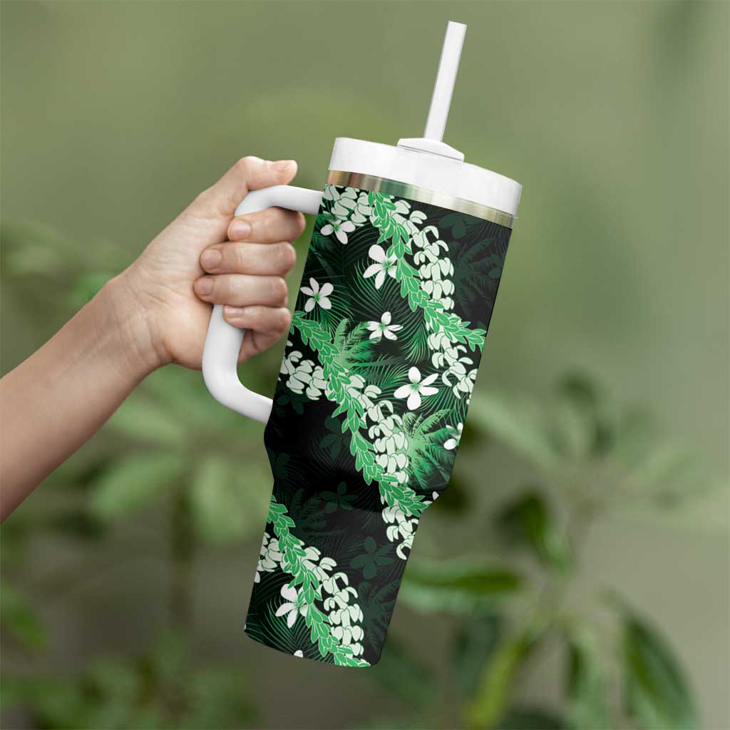 Puakenikeni Maile Lei Tumbler With Handle Frangipani Green Tropical Leaves LT01 - Polynesian Pride