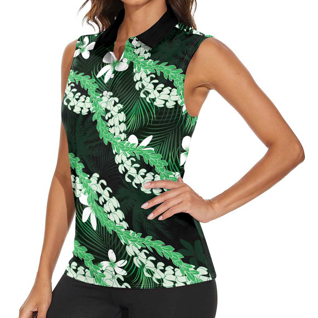Puakenikeni Maile Lei Women Sleeveless Polo Shirt Frangipani Green Tropical Leaves
