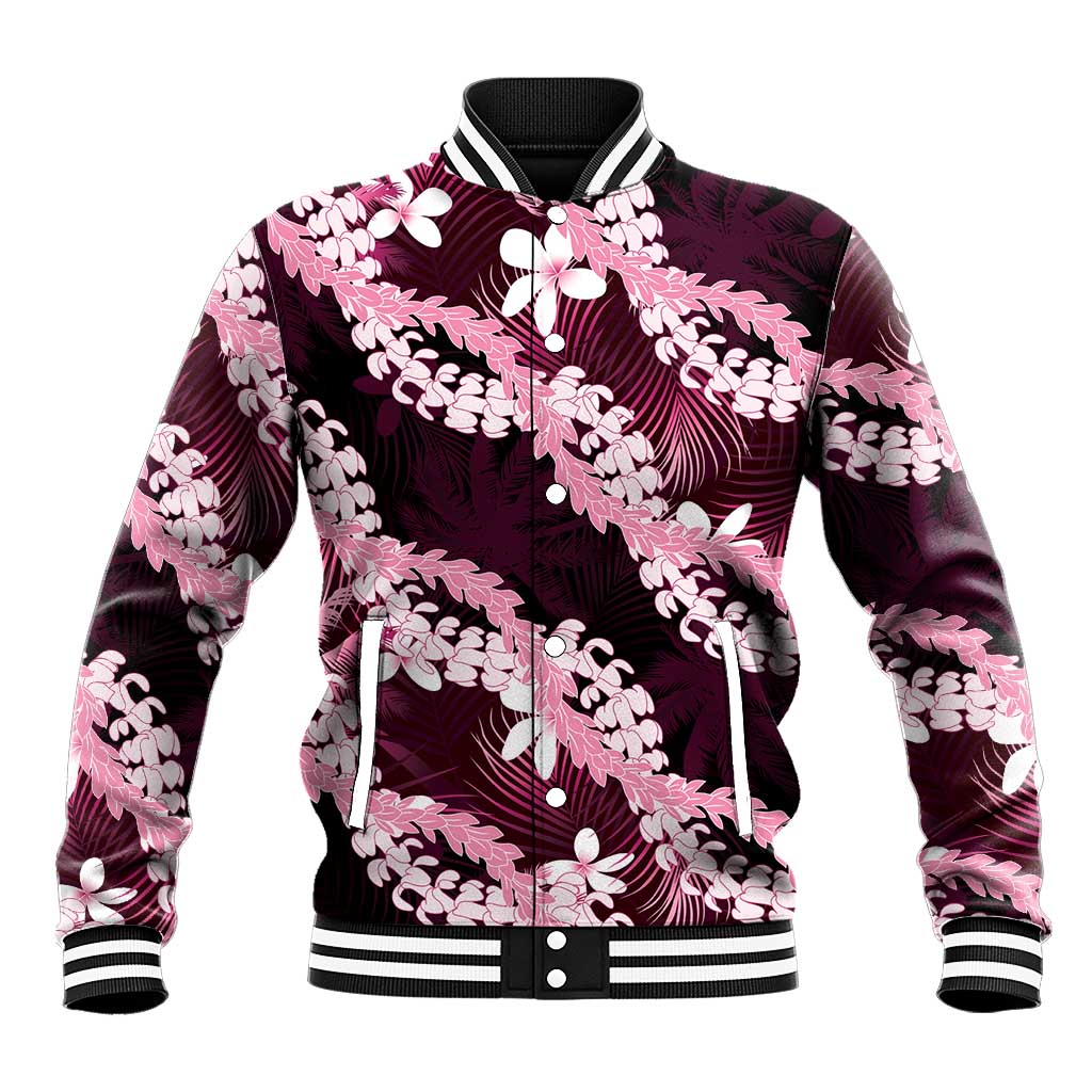 Puakenikeni Maile Lei Baseball Jacket Frangipani Pink Tropical Leaves LT01 Unisex Pink - Polynesian Pride