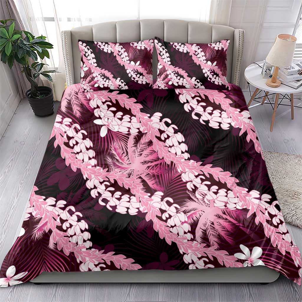 Puakenikeni Maile Lei Bedding Set Frangipani Pink Tropical Leaves