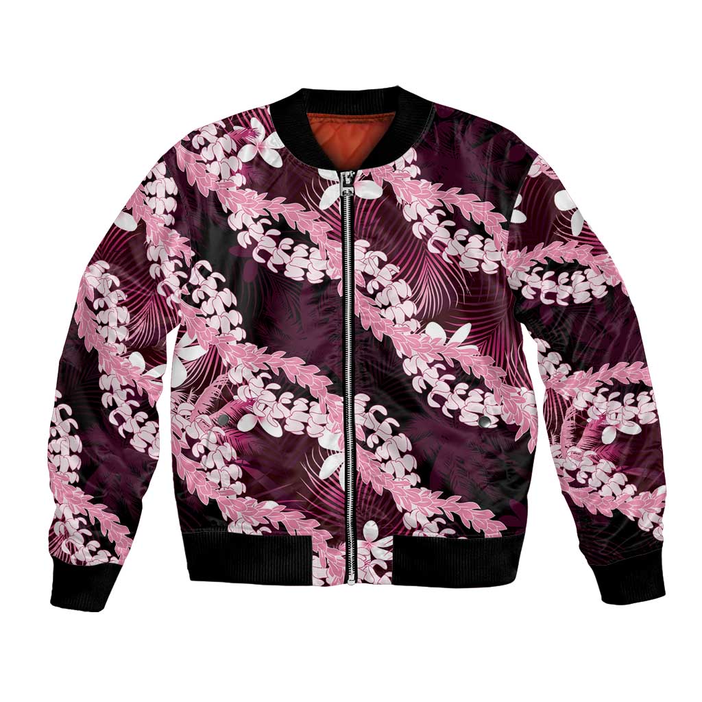 Puakenikeni Maile Lei Bomber Jacket Frangipani Pink Tropical Leaves LT01 Unisex Pink - Polynesian Pride