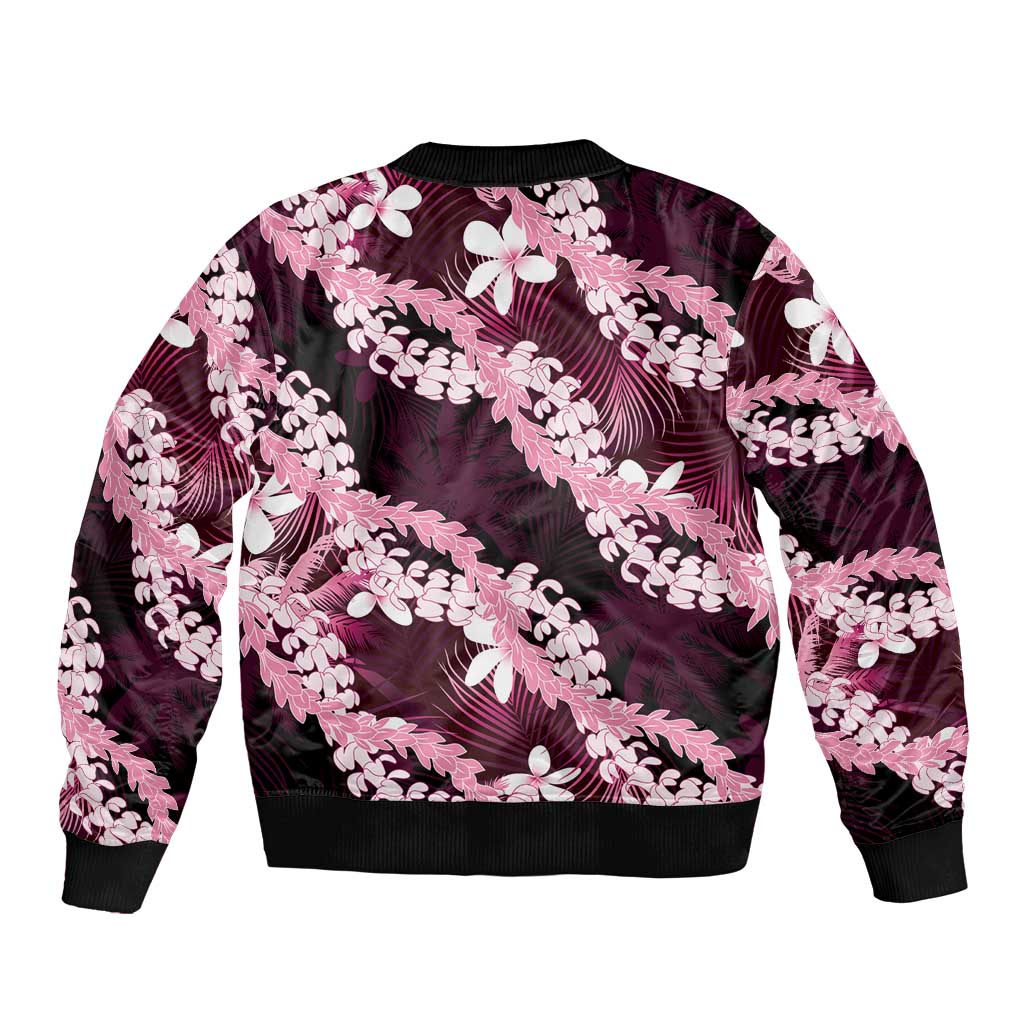 Puakenikeni Maile Lei Bomber Jacket Frangipani Pink Tropical Leaves LT01 - Polynesian Pride