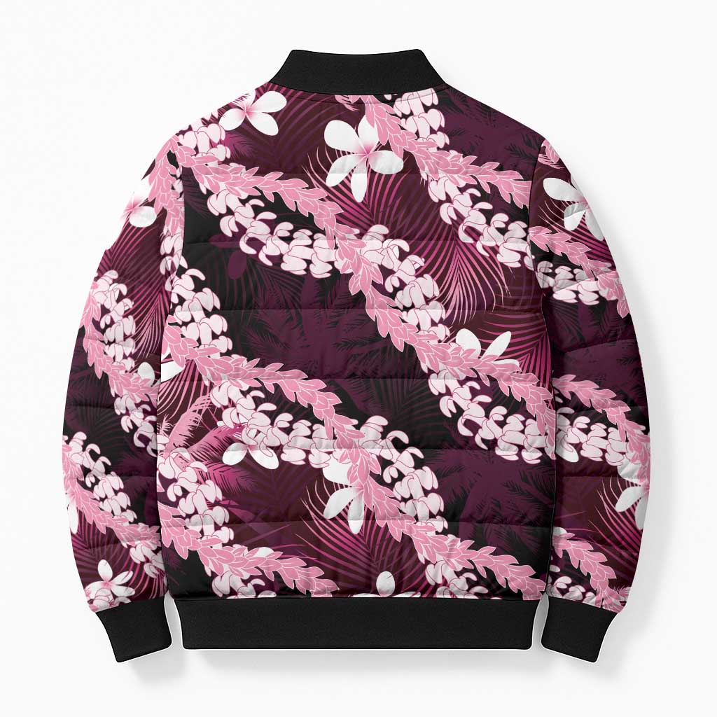 Puakenikeni Maile Lei Bomber Puffer Jacket Frangipani Pink Tropical Leaves LT01 - Polynesian Pride