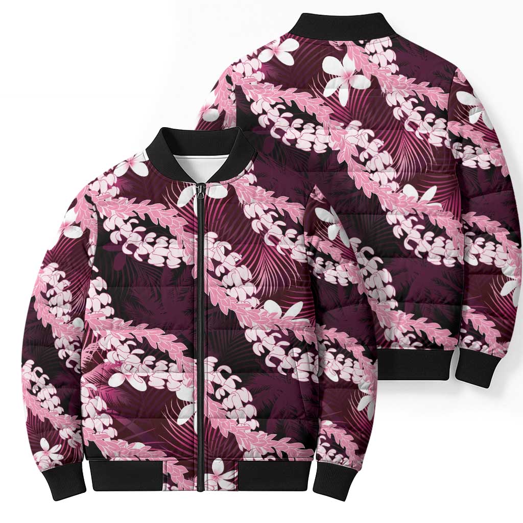 Puakenikeni Maile Lei Bomber Puffer Jacket Frangipani Pink Tropical Leaves LT01 - Polynesian Pride