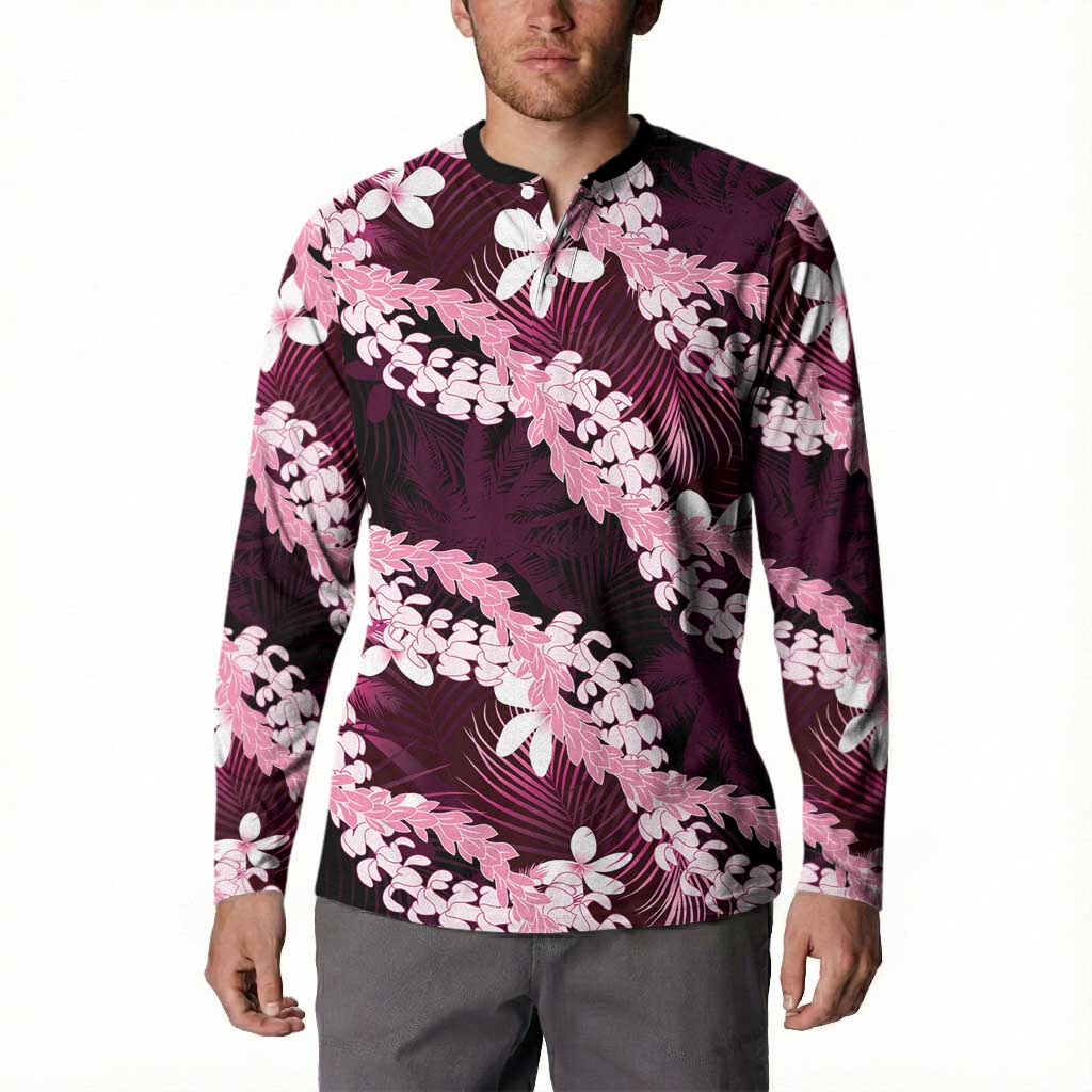 Puakenikeni Maile Lei Button Sweatshirt Frangipani Pink Tropical Leaves LT01 - Polynesian Pride